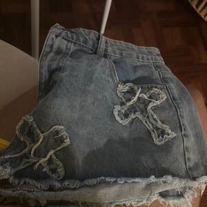 SHEIN Blue Jean Shorts with Cross Patches
